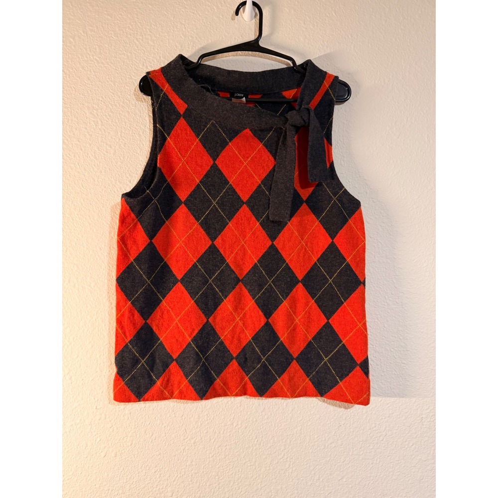 Vtg J.Crew Red/Orange Cashmere Wool Gray Argyle Preppy Tie Neck Sweater Vest L